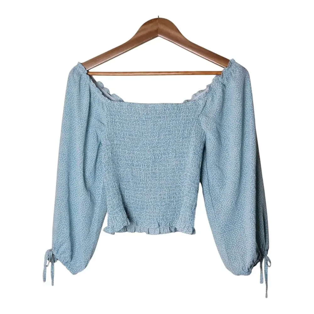 Harper & Me Cropped‎ Top Square Neck 3/4 Sleeve Blue Smocked Women's Size 12